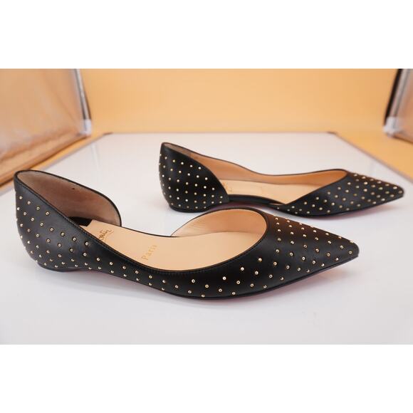 Christian Louboutin Black Leather Iriza Plume Studded d'orsay Flat SZ 38 Pointy - Picture 7 of 10